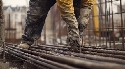 Construction worker reinforcing concrete columns with steel rods. Featuring strength and structural integrity