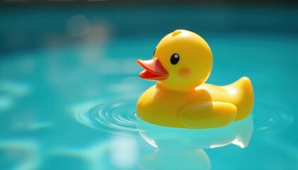 Submerged duck toy, glistening pool, tiny swim cap, wildlife, aquatic