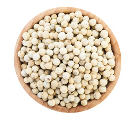 Aromatic pepper in bowl isolated on white, top view