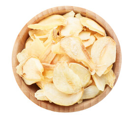Dried garlic in bowl isolated on white, top view