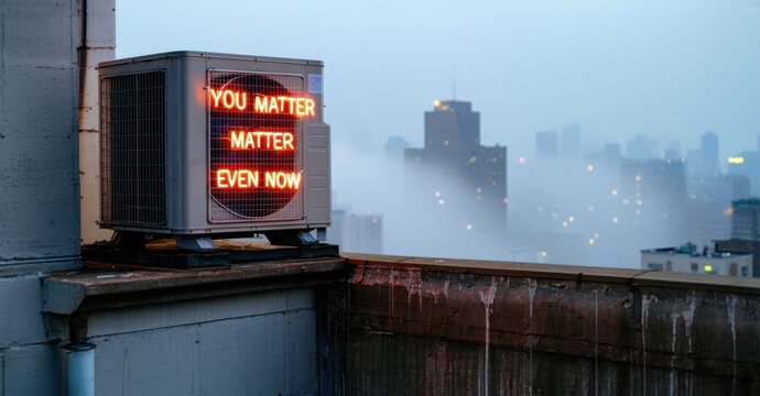 Glowing orange neon you matter even now in bold font mounted on rooftop ac unit surrounded by fog and city hum in distance