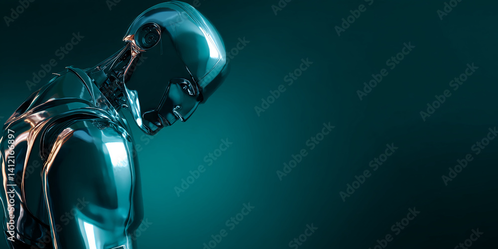 Fototapete metallic robot, head bowed, teal background, showcasing technological advancement and potential for 