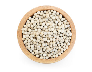 Aromatic pepper in bowl isolated on white, top view