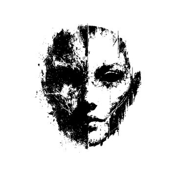 Stylized half-face illustration with a monochromatic, abstract design.