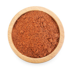 Aromatic nutmeg powder in bowl isolated on white, top view