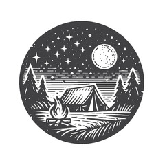 Simple Campground Under Starry Night Vector Design – Vintage Logo & Retro Illustration
