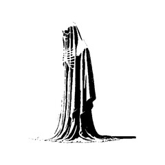 A cloaked figure stands in stark contrast against a light background, embodying a minimalist and surreal style.