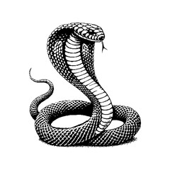 Black and white illustration of a coiled cobra with intricate detailing