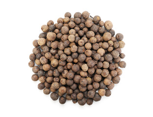 Pile of aromatic allspice isolated on white, top view