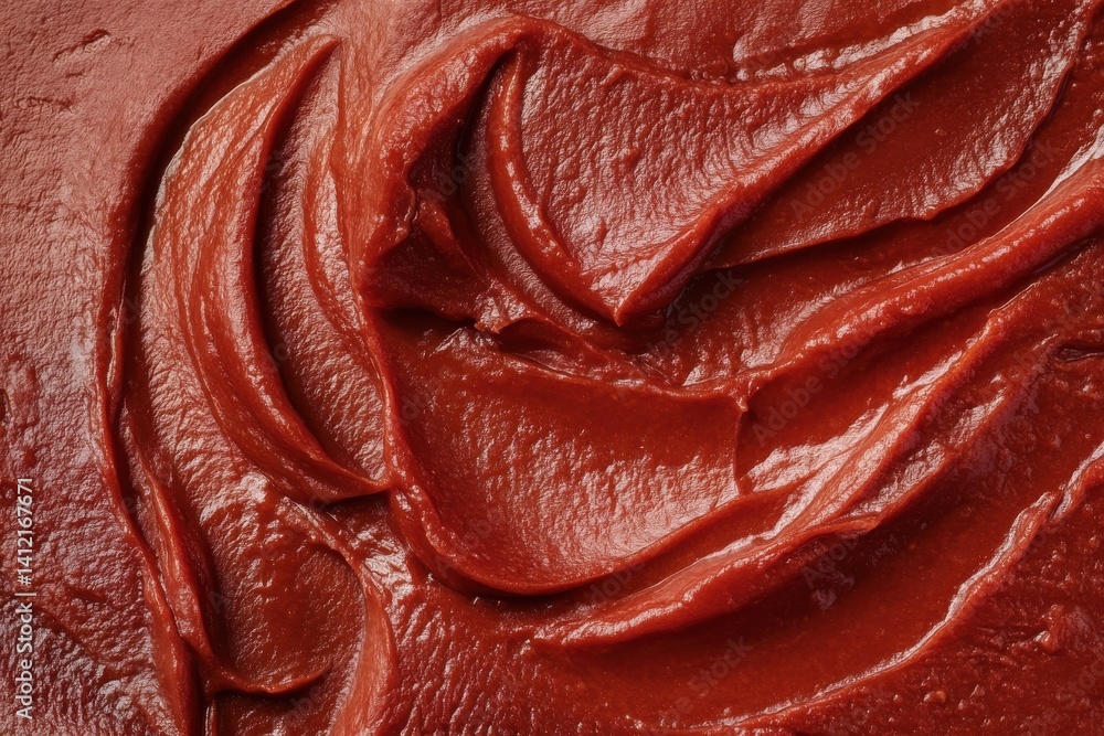 Poster close-up of a textured, vibrant red sauce. its glossy surface catches the light, highlighting the sw