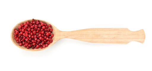 Peppercorns in wooden spoon isolated on white, top view