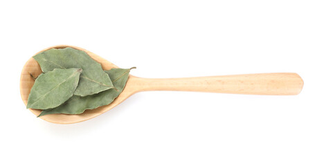 Bay leaves in wooden spoon isolated on white, top view
