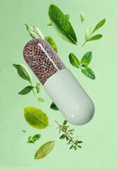 green capsule filled with brown spheres containing medicinal plants - light green background	
