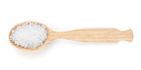 Salt in wooden spoon isolated on white, top view