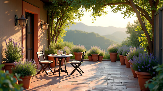 Mediterrane Terrasse mit Blument&ouml;pfen im Abendlicht