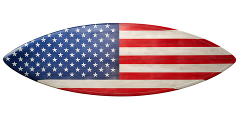 Surfboard with American Flag Design on White Background