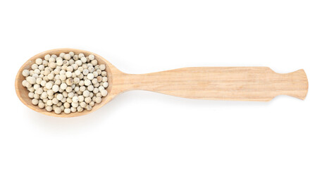Aromatic pepper in wooden spoon isolated on white, top view