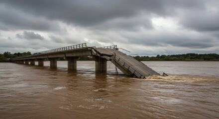 Collapsed bridge over flooded river