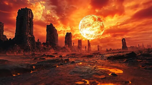 Dramatic sunset over a desolate landscape with ancient ruins silhouetted against the sky