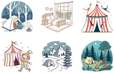Camping Bundle. Wooden Table Forest Adventure Collection Illustrations