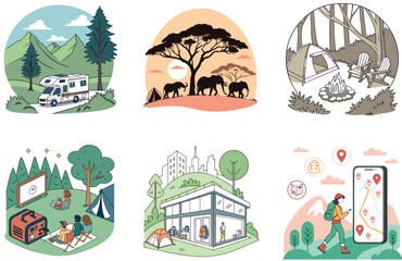 Camping Bundle. Aurora Borealis Bonfire Collection Illustrations