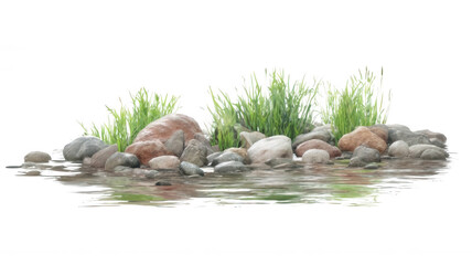 River Edge with Stones and Green Grass Realistic Look Transparent Background