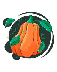 Cartoon vector illustration of vibrant pumpkin with green tops on a dark abstract background. Bright, playful, and perfect for food or farm-themed designs.