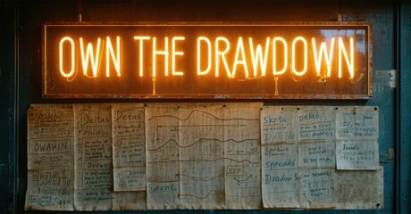 Obraz premium Bright neon sign reading OWN THE DRAWDOWN above papers pinned to wall. Detailed maps, notes, sketches cover surface. Rustic, textured background.