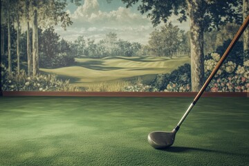 Indoor Golf Practice: Club on Green with Scenic Backdrop. Perfect for honing skills at home or in a recreational space.