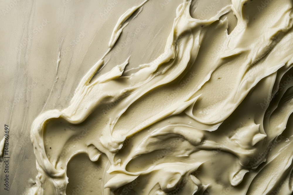 Poster Closeup of thick, swirled light green cream or paste with smooth texture and ridges, creating an abstract, flowing pattern.