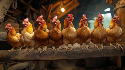 A row of chickens perched on a wooden rail inside a coop, lit by soft natural light streaming through the slats