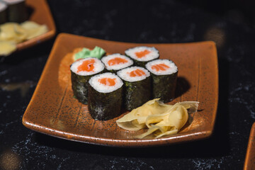 Classic salmon rolls on a plate