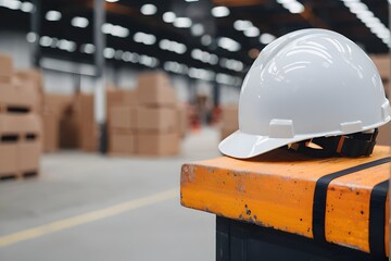 Cropped photo of a hard hat against a blurred industrial warehouse background with copy space