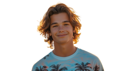 Teen guy with tousled hair, wearing a graphic tee with palm trees, subtle smile, high-res portrait