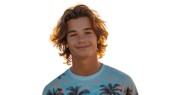 Teen guy with tousled hair, wearing a graphic tee with palm trees, subtle smile, high-res portrait