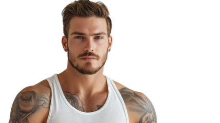 Man with tattooed shoulder peeking under summer tank top, calm expression, professional look on white background 