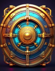 A detailed and colorful futuristic shield design with a metallic finish and glowing accents.