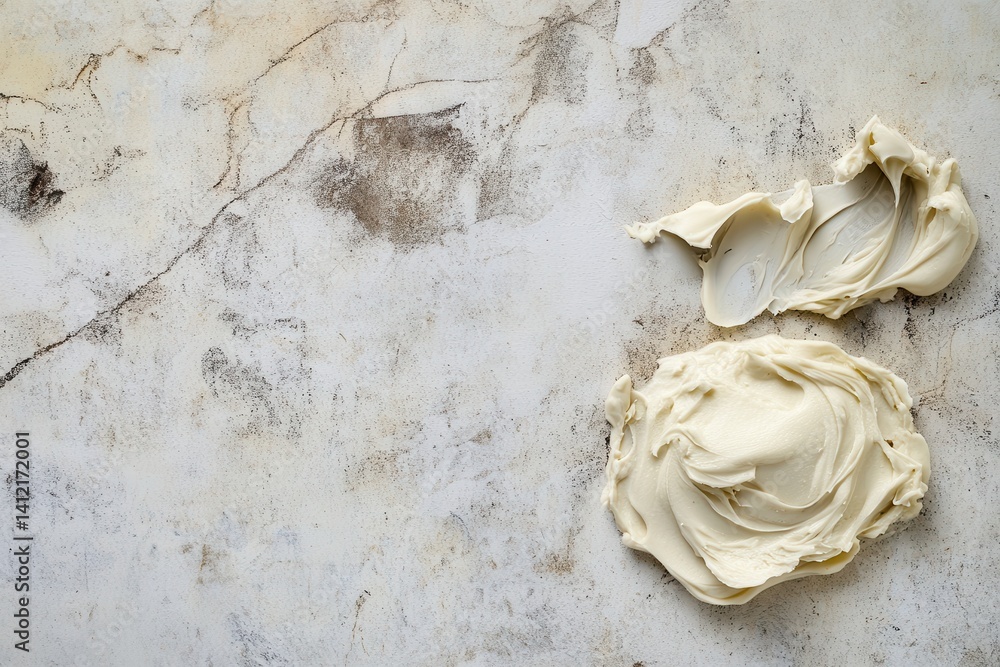 Poster Close-up of pale yellow frosting on a marbled surface. The top layer is spread thin while the bottom layer is thick and swirled.
