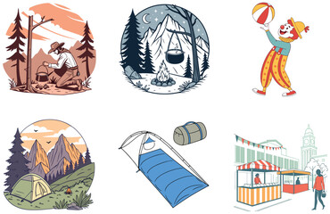 Camping Bundle. Road Trip Windows-Down Adventure Collection Illustrations