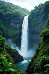 Majestic Akaka Falls cascade, lush rainforest backdrop, vegetation, waterfall, aerial
