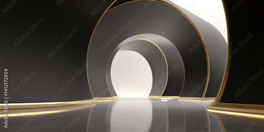 Poster Abstract image of three black arched structures with gold trim, creating a modern and elegant showcase, suggesting luxury, sophistication, and a pathway to something unseen