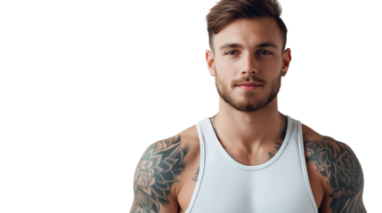 Man with tattooed shoulder peeking under summer tank top, calm expression, professional look on white background 