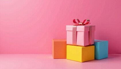 Wrapped gift atop vibrant blocks, pink backdrop, colorful, stand