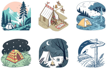Camping Bundle. Vibrant Red Backpack Mountain Collection Illustrations
