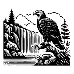 Naklejka premium Simple Eagle Perched on Rock Near Water Vector Design – Vintage Logo & Retro Illustration