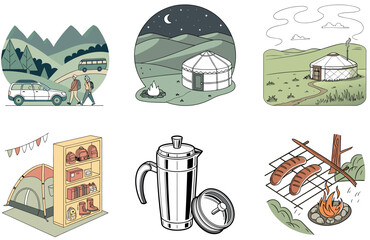 Camping Bundle. Van Living Adventure Collection Illustrations