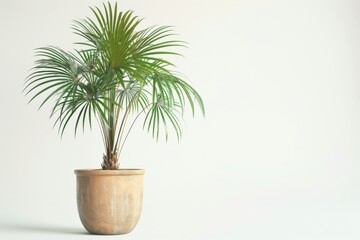 Lush green palm plant thriving in a natural clay pot against a minimalist backdrop isolated on transparent background