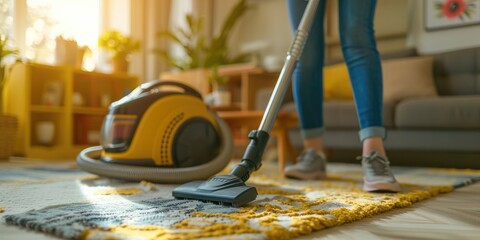 Fototapeta premium The picture about skillful householder use cleaner cleaning floor of house. Residential maintenance for tidy and clean of home by housekeeper using electronic vacuum technology for convenience. AIG61.