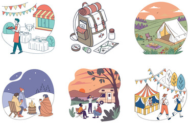 Camping Bundle. Hiker Resting Tent Mountain Collection Illustrations