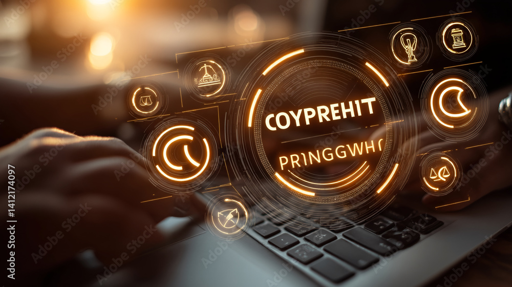 Aufkleber hands typing on laptop with glowing digital interface showing copyright and intellectual property sy